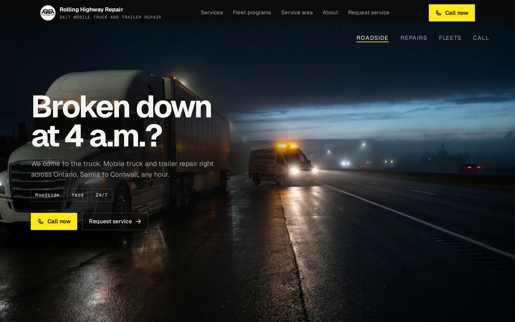 The Rolling Highway Repair home page on a laptop: a service truck on a highway at night and the headline Broken down at 4 a.m.