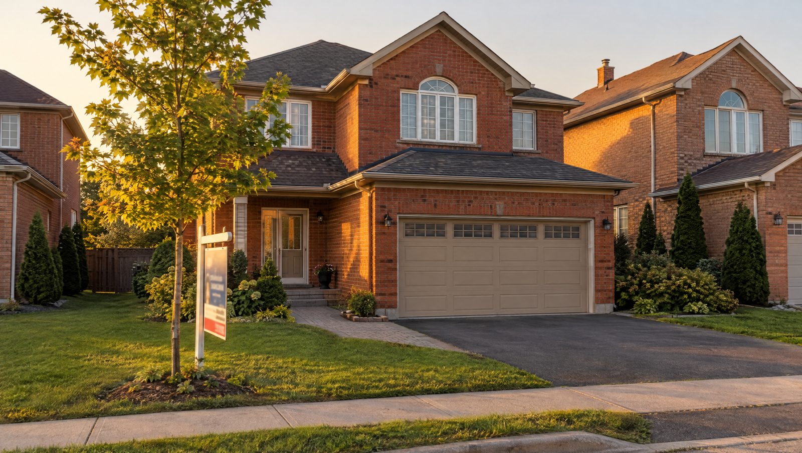 A 1990s red-brick detached house in Sonoma Heights, Woodbridge, at golden hour