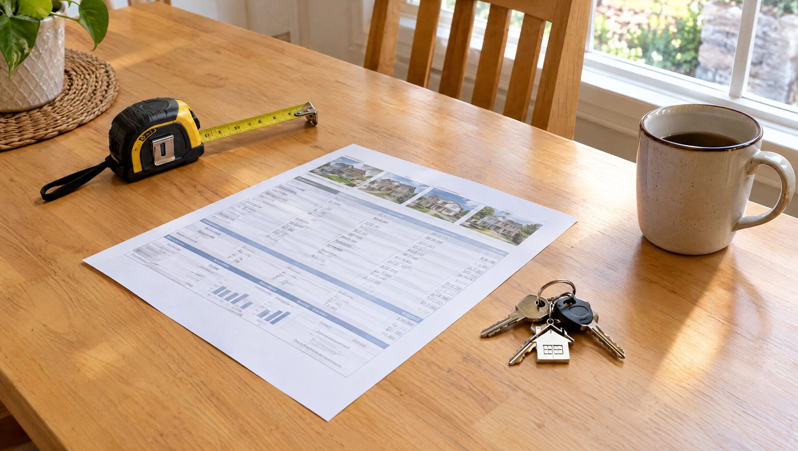 A comparative market analysis sheet, a tape measure and house keys on a maple kitchen table