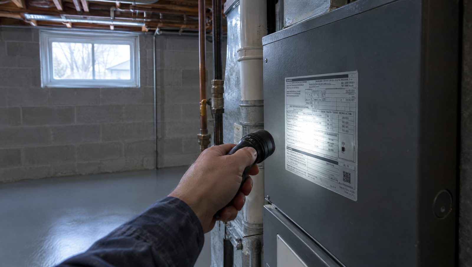 A hand with a flashlight on a furnace data label in an unfinished Vaughan basement