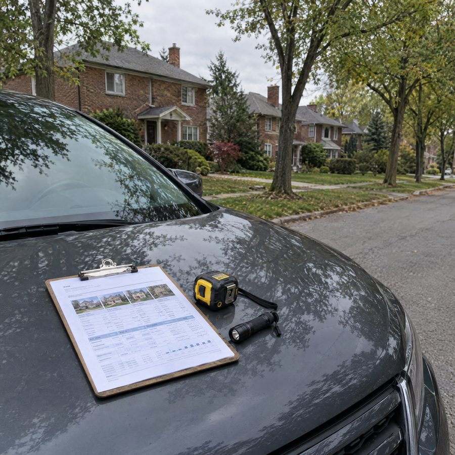 A clipboard with a comparative market analysis sheet, a tape measure and a flashlight on the hood of a car parked on a Woodbridge street