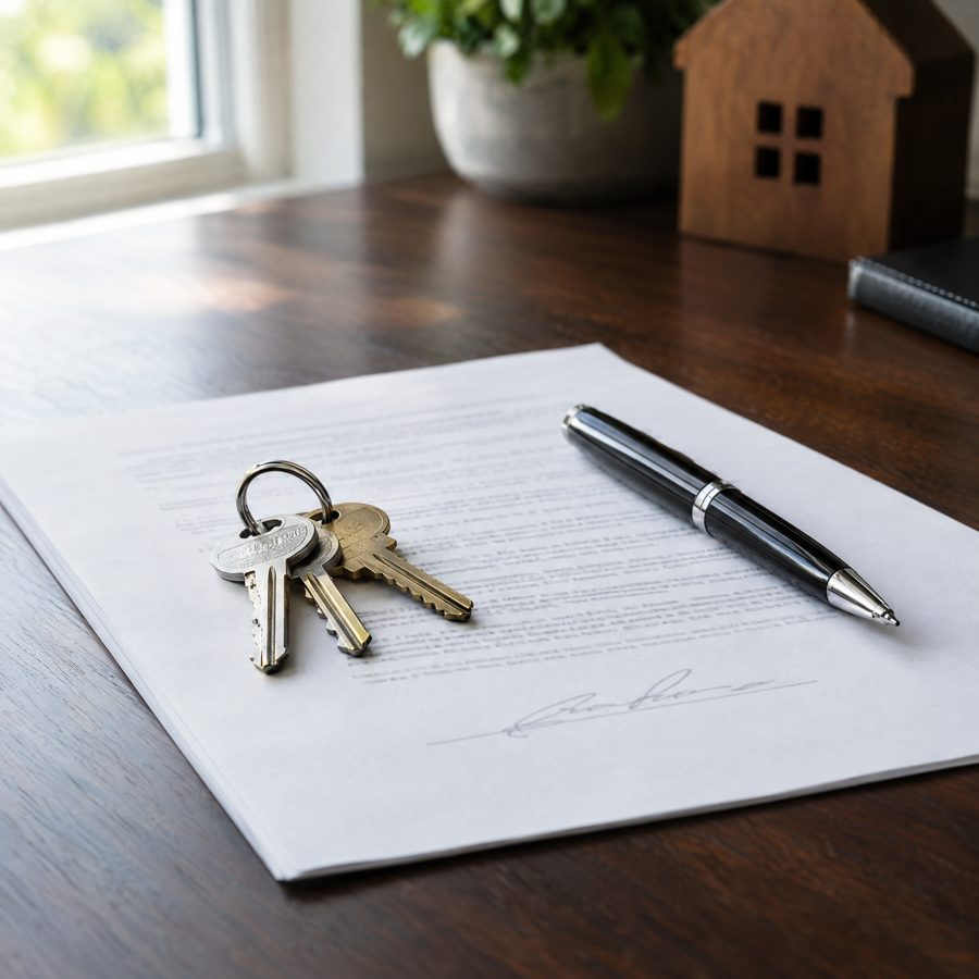 A set of house keys on a signed closing document beside a pen, on a dark wooden desk