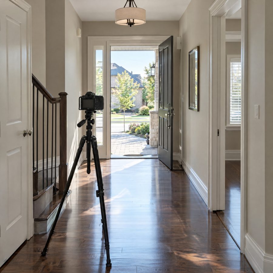 A camera on a tripod in an empty hallway with afternoon light across a hardwood floor, front door open to the street
