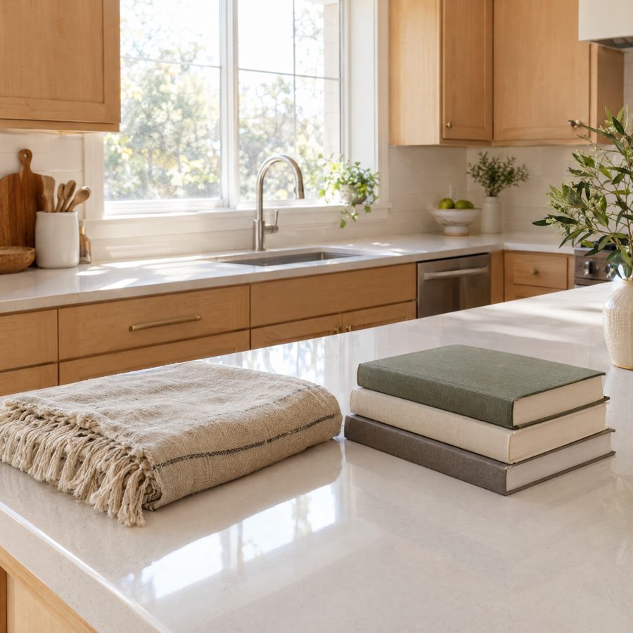 A folded linen throw and a stack of hardcover books on a cleared quartz kitchen counter, morning light from a window over the sink