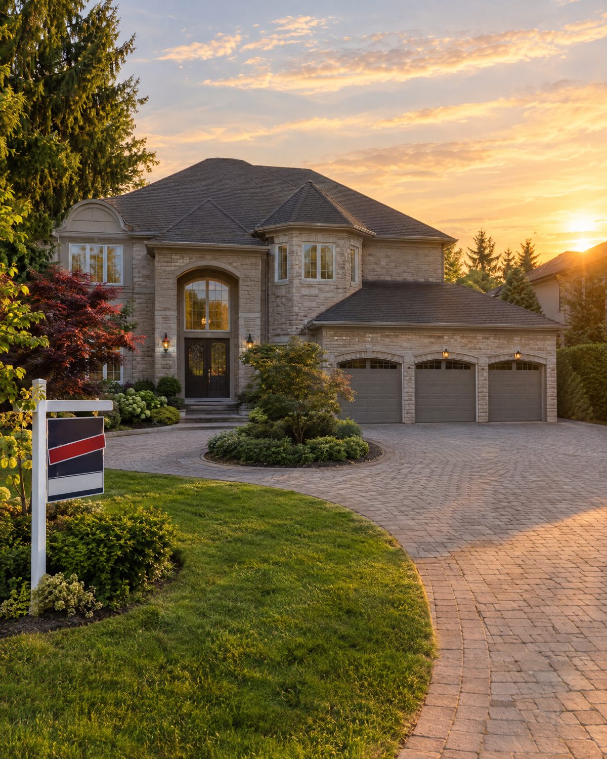 Wide stone front and triple garage of a 1990s executive detached house in Bayview Hill, Richmond Hill, at golden hour