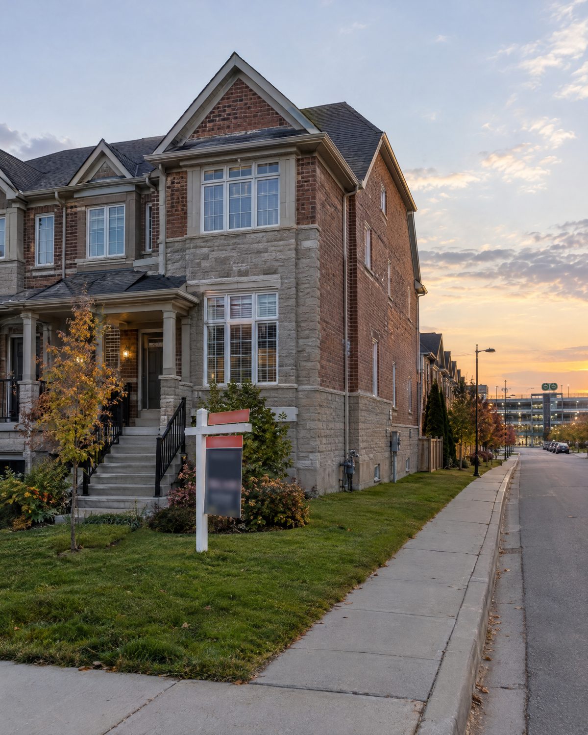 Row of 2010s brick and stone townhouses in Mount Pleasant, Brampton, with a sold sign at the end unit