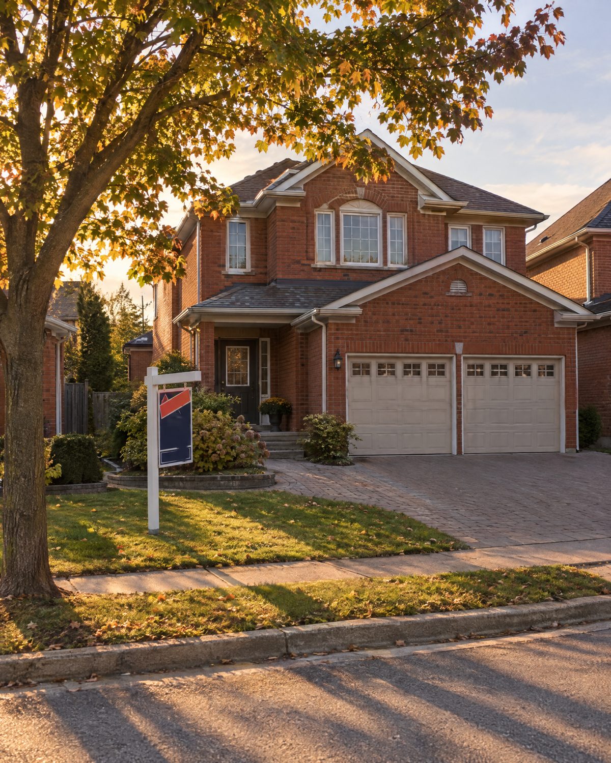 Interlock front walk and double garage of a 1990s two-storey brick detached house in Sonoma Heights, Woodbridge, sold sign on the lawn