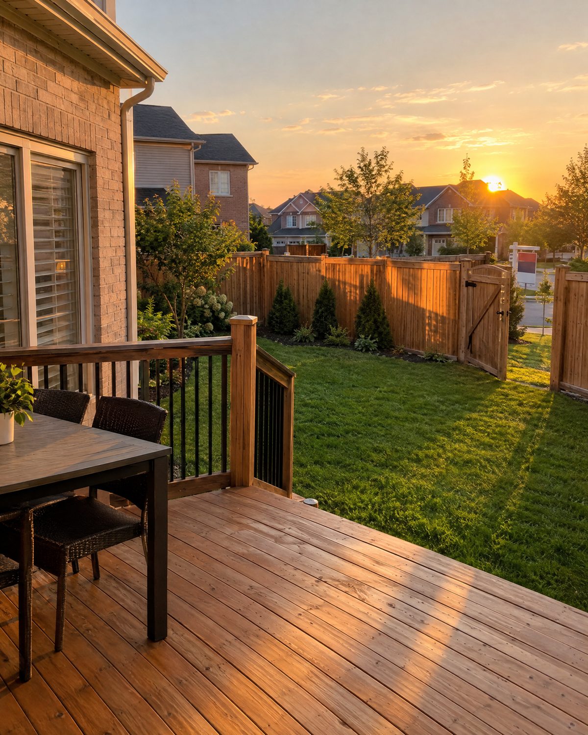 Backyard of a Vellore Village detached house with a cedar deck, a south-facing fence line and a sold sign visible through the gate
