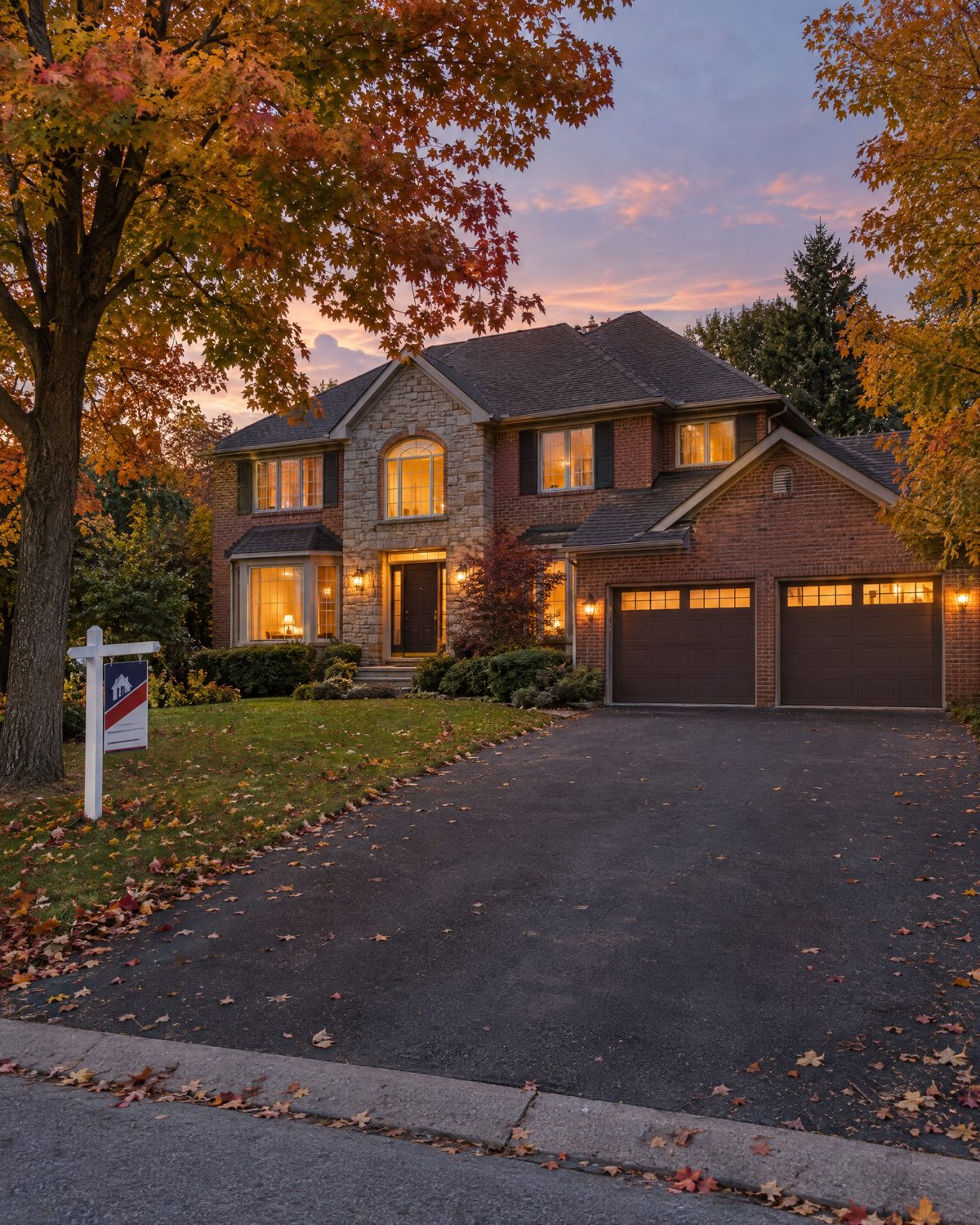 Stone and brick front of a 1980s detached house in Weston Downs with a wide driveway and mature maples