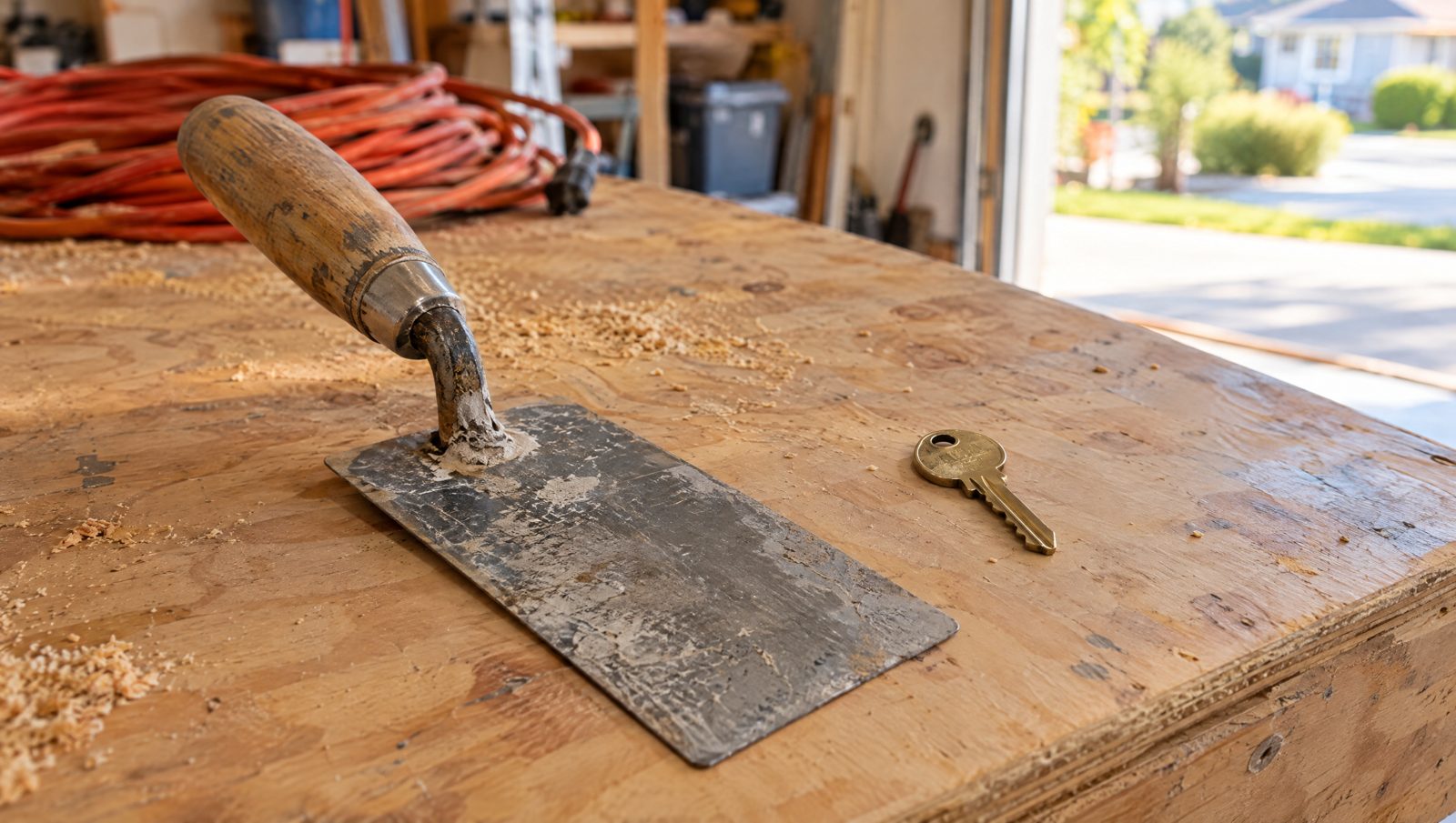 A worn tile trowel and a brass house key side by side on a plywood work table