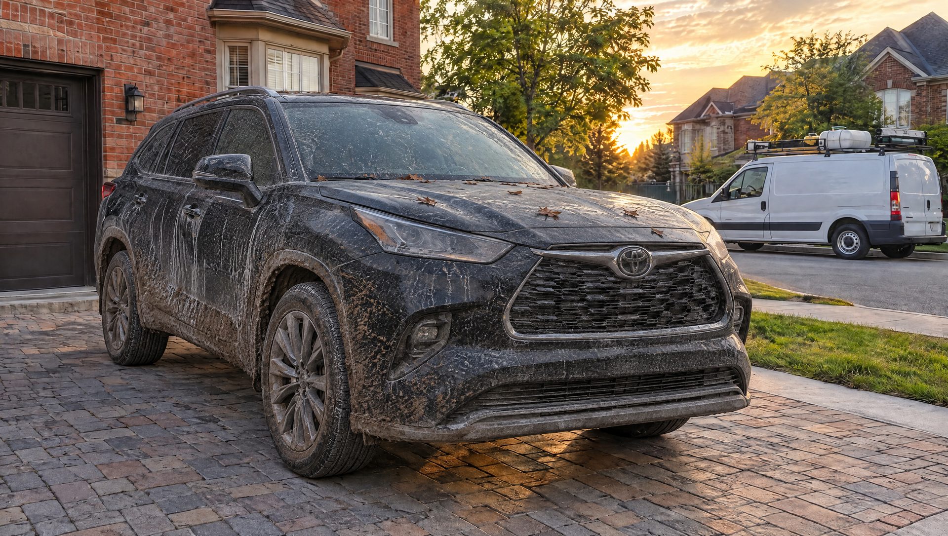The same SUV before the detail, covered in road salt and mud