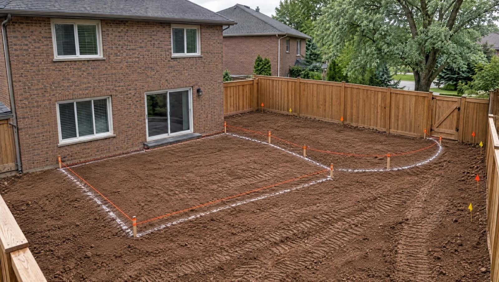 A bare, graded clay backyard behind a brick house, staked out with orange string lines