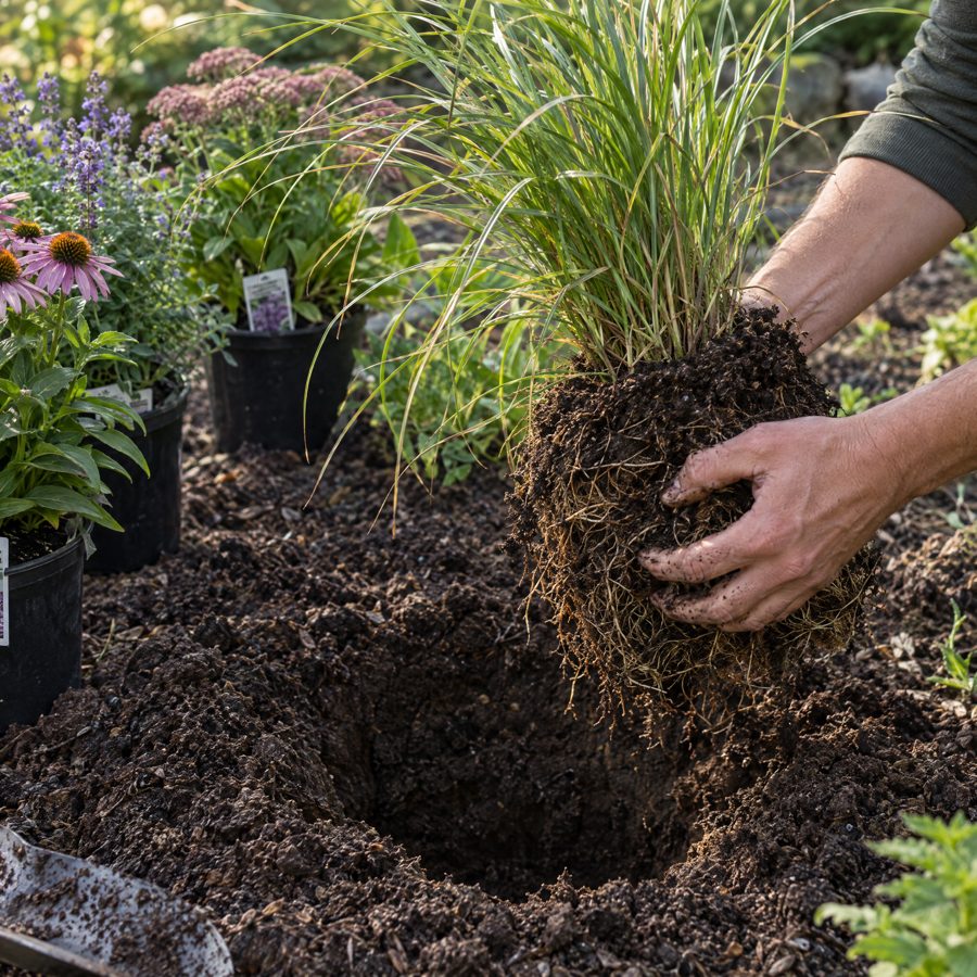 Soil-covered hands firming triple mix around a young native shrub in a freshly mulched bed