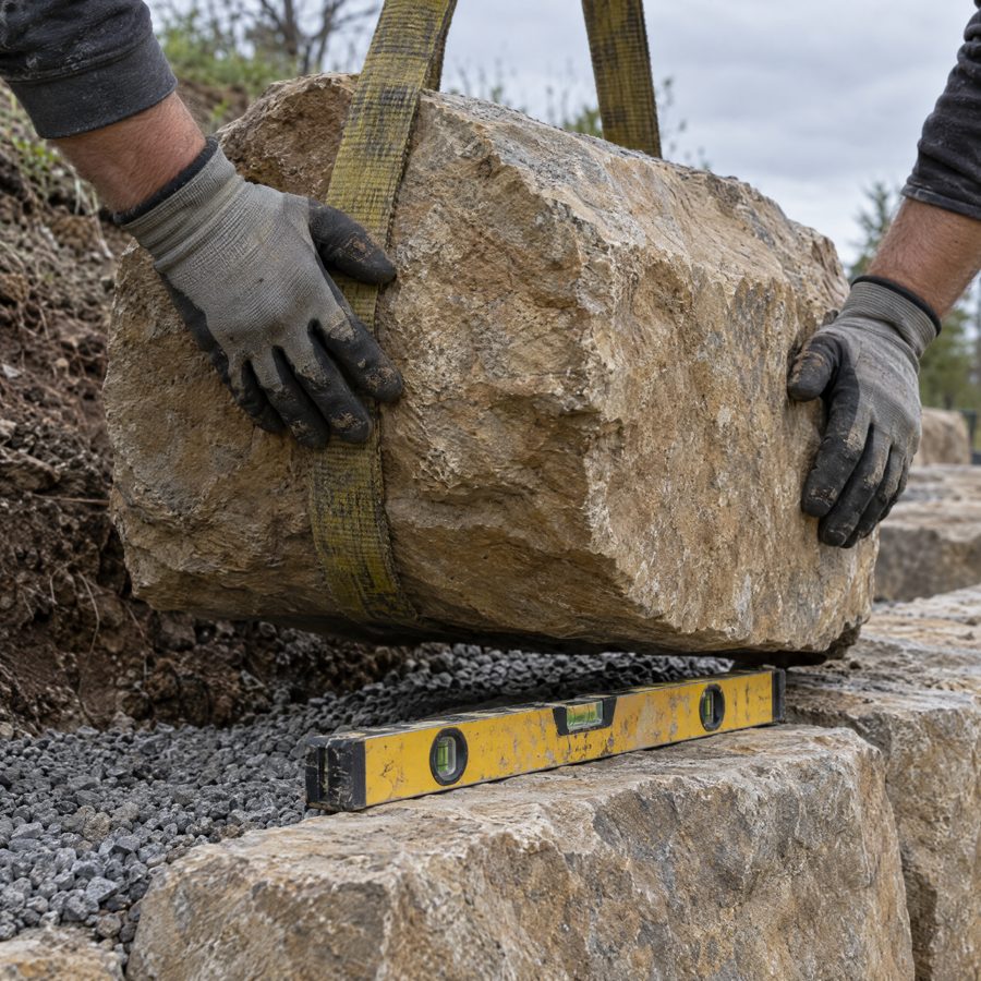 Hands in work gloves setting an armour stone step into a sloped bed of compacted gravel, a rubber mallet beside it