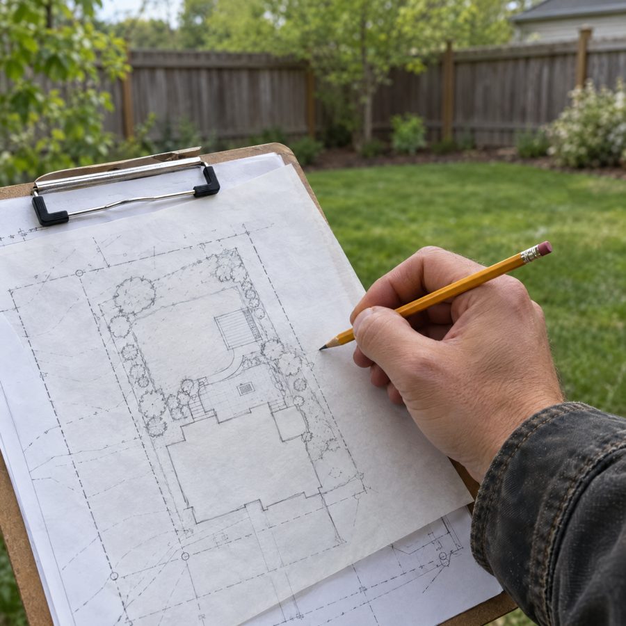 Hands holding a pencil over a measured backyard drawing on a clipboard, a tape measure and a grade level resting on the paper