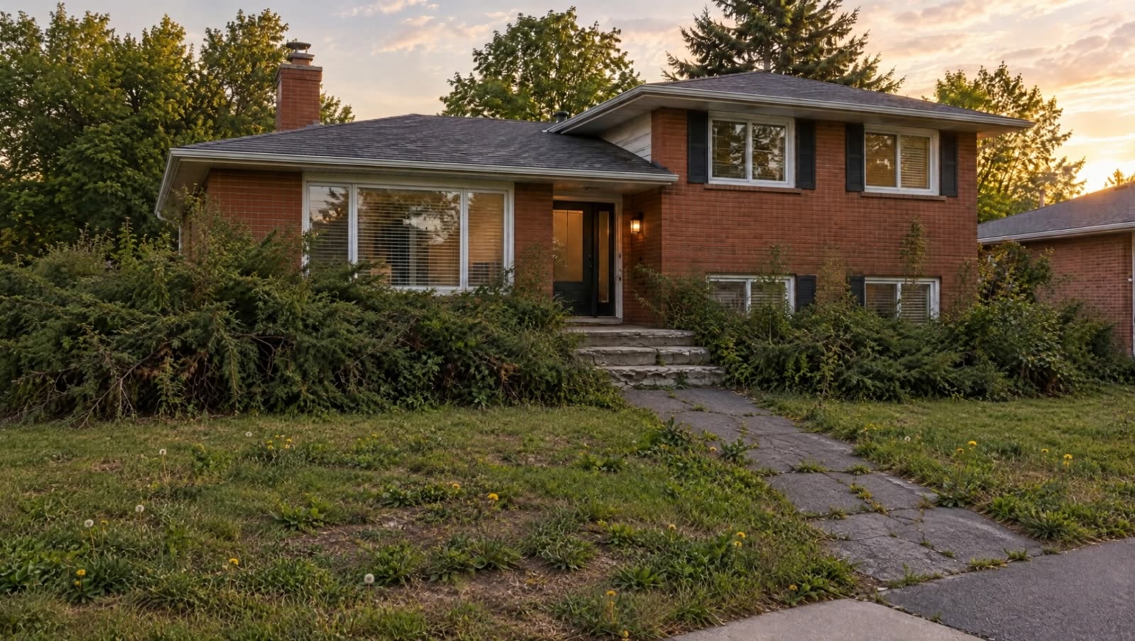 A tired front yard with a cracked asphalt walk and overgrown junipers