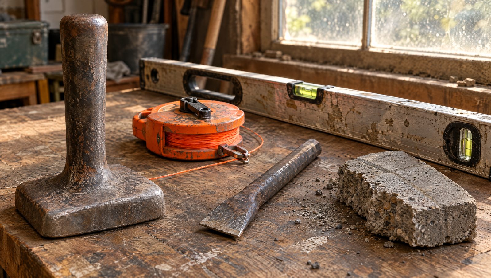 An old hand tamper, a string line reel and a spirit level on a worn workbench