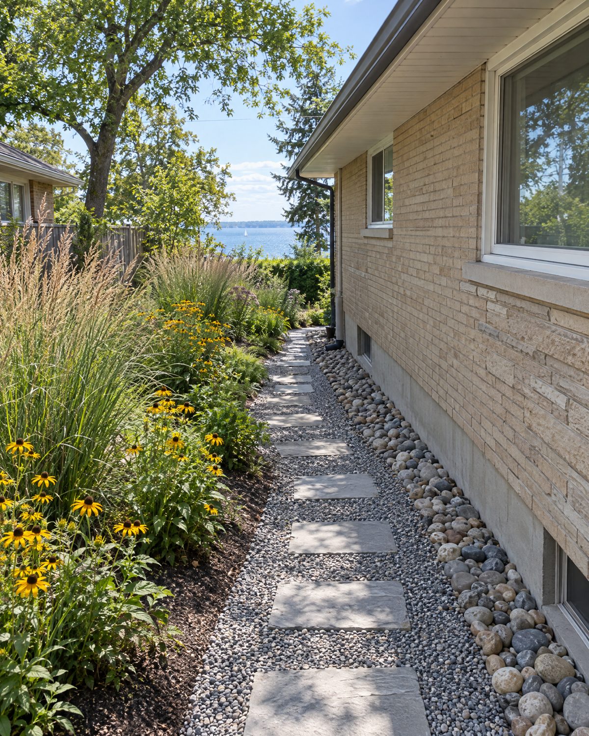 Two-level backyard in Bronte with an interlock patio, a stepped retaining wall, planting and landscape lights at dusk