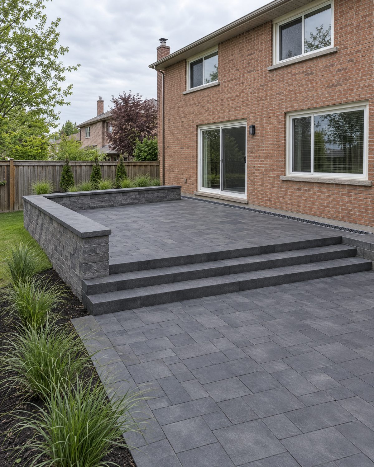 Regraded side yard of a 1980s house in Erin Mills with a flagstone path and a grassed swale running toward the back lot line