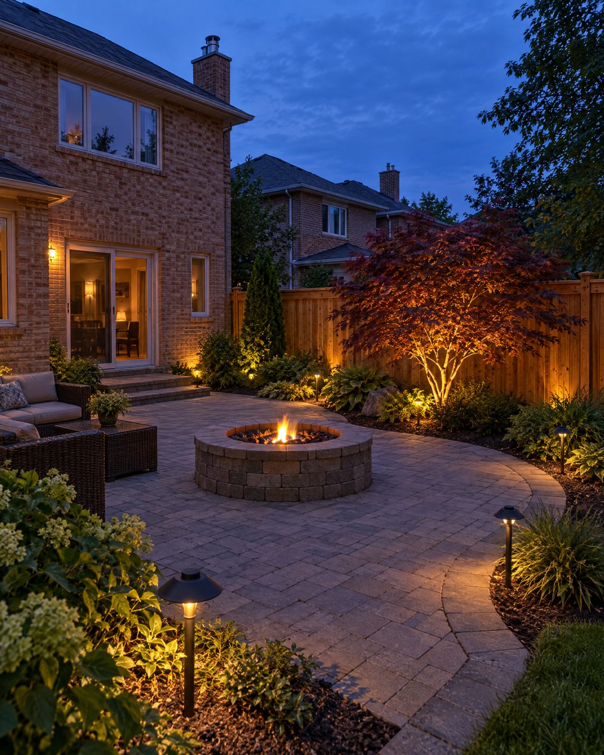 Backyard in Glen Abbey with two young native shade trees, curved planting beds and fresh sod