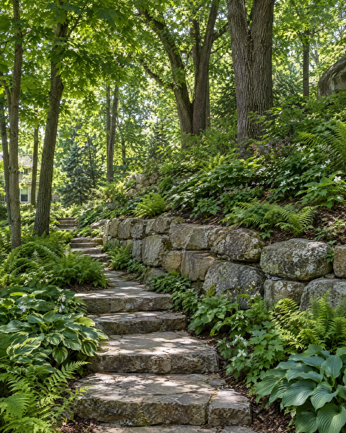 Natural flagstone terrace under a mature maple canopy in Lorne Park, with shade planting and mulched beds around the trunks