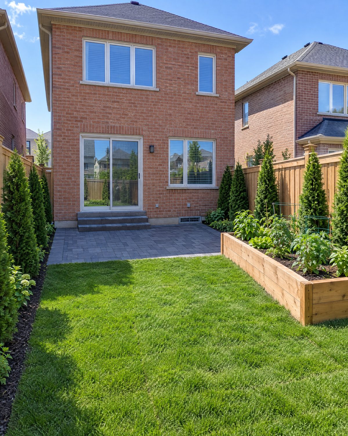 Small rectangular interlock patio and new sod in a fenced backyard in Mount Pleasant, Brampton