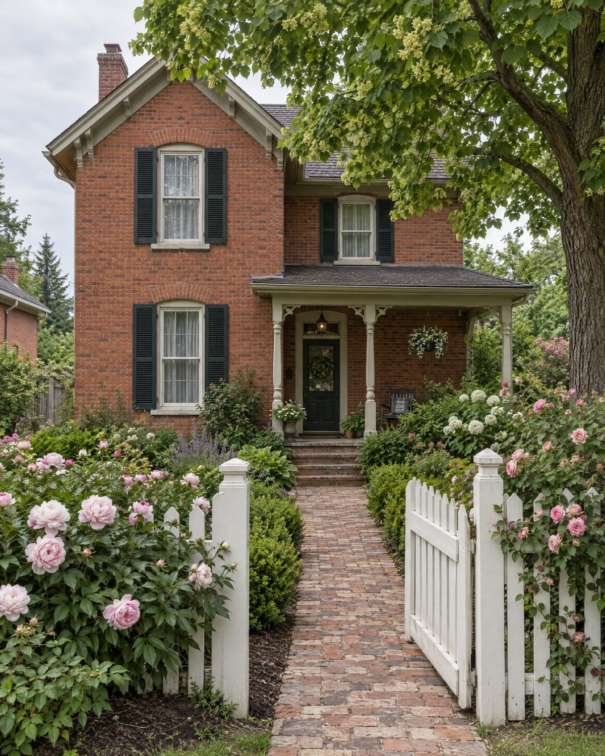 Interlock walkway edged in brick-red pavers leading to the porch of a 19th-century house in Old Milton, cottage garden on both sides