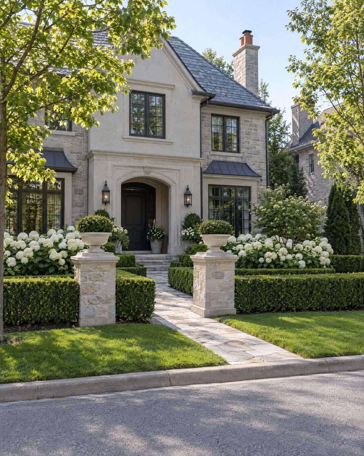 Natural stone walkway and native front garden at a custom house on a broad Old Oakville street with no sidewalk