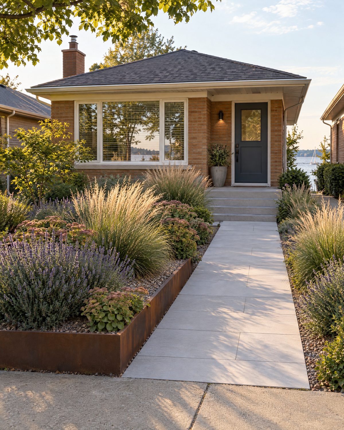 New interlock front walkway with three armour stone steps set into a sloped front lawn in Port Credit