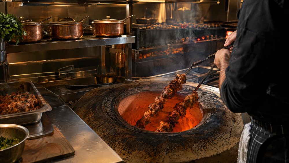 The tandoor at the open pass with skewers of lamb