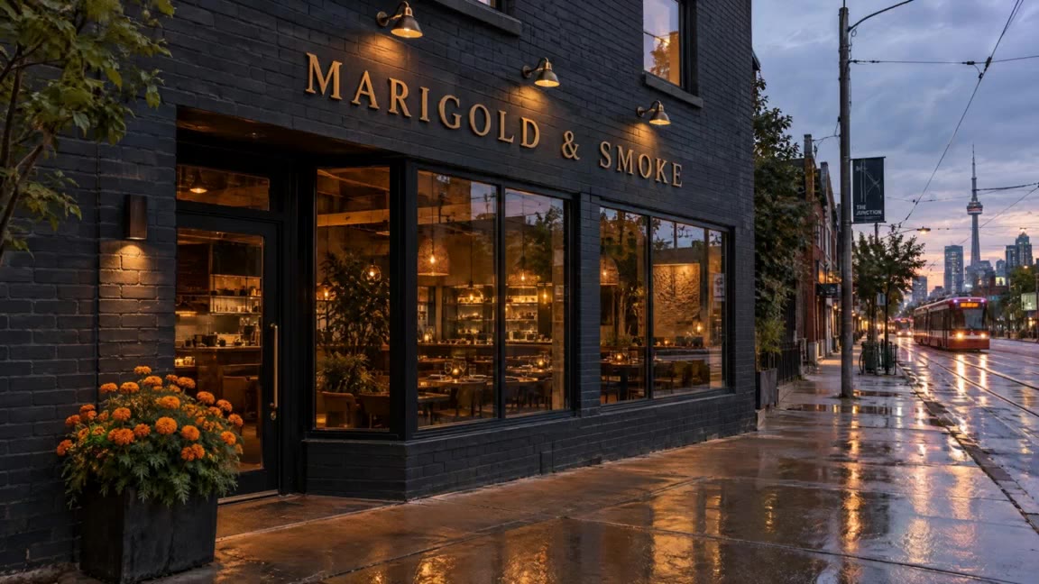 The Marigold and Smoke storefront at dusk on Dundas West