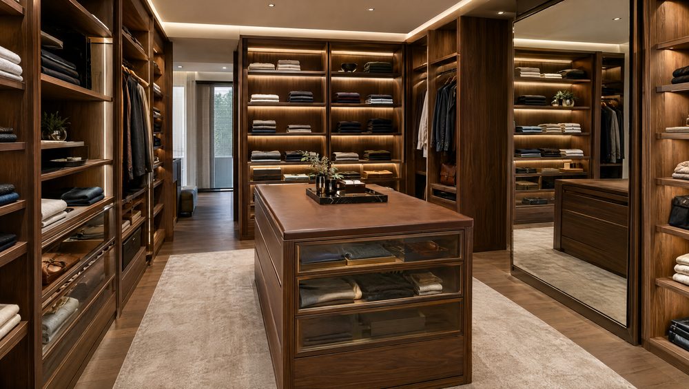 A walnut walk-in closet with lit shelves