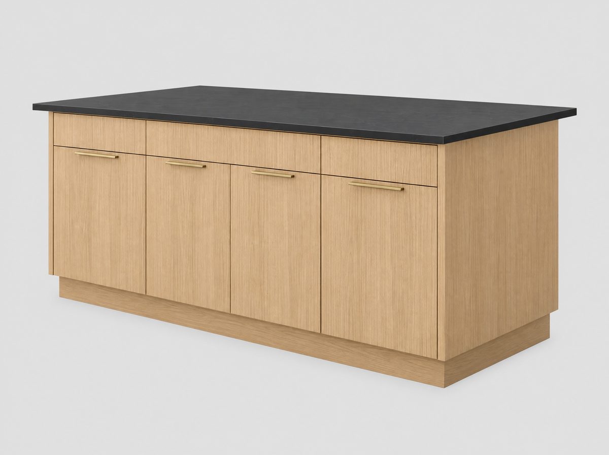 The Oakfield kitchen island in white oak with a black quartz top