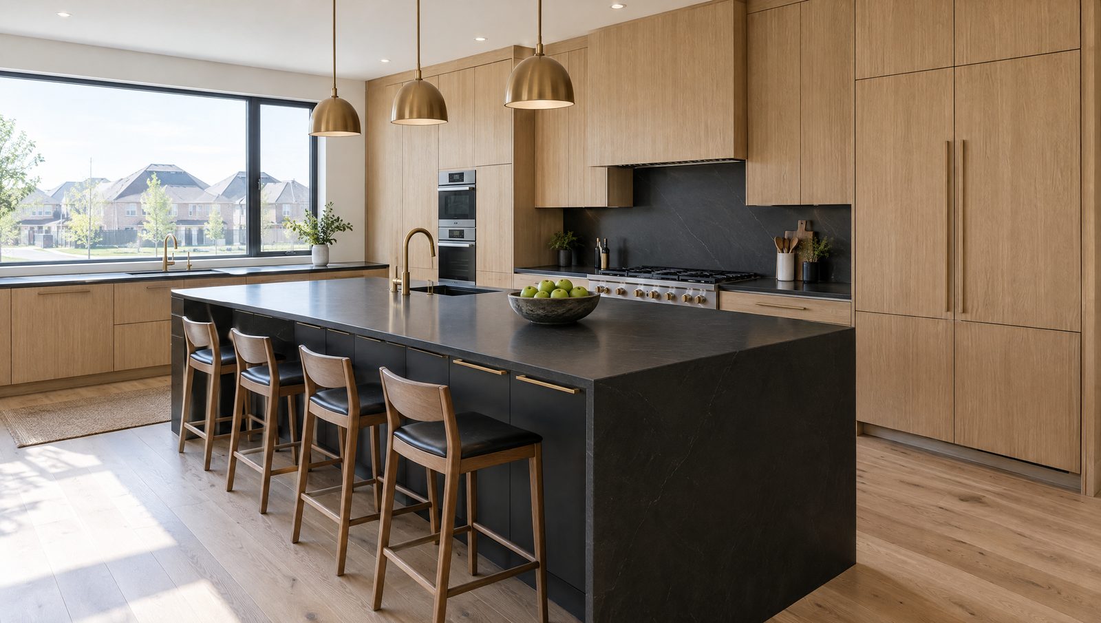 A custom kitchen with floor-to-ceiling white oak cabinetry and a black quartz island