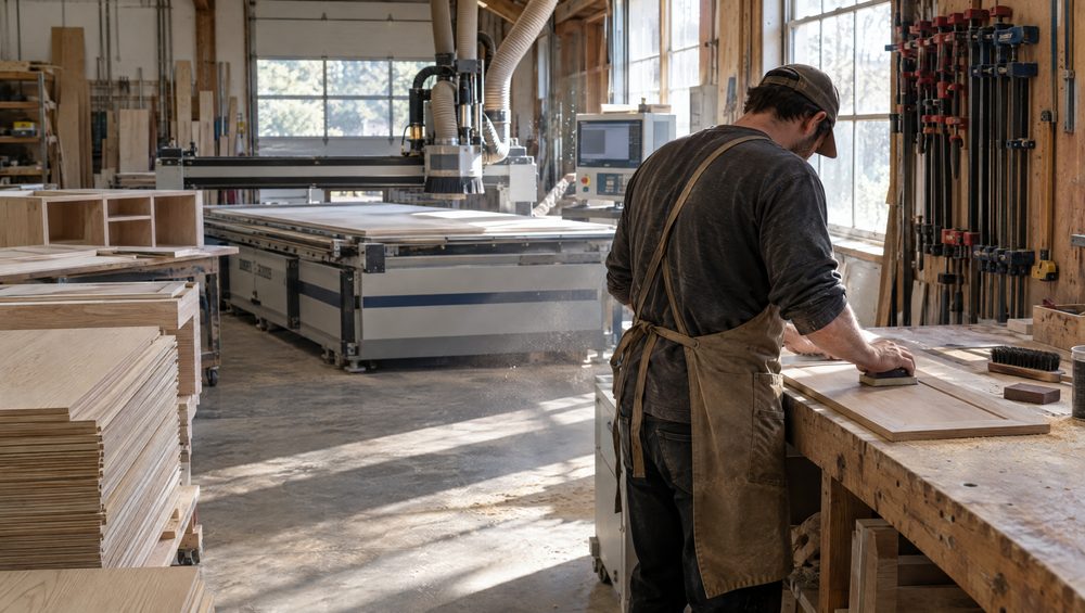 The Oakfield workshop with a craftsman sanding a drawer front